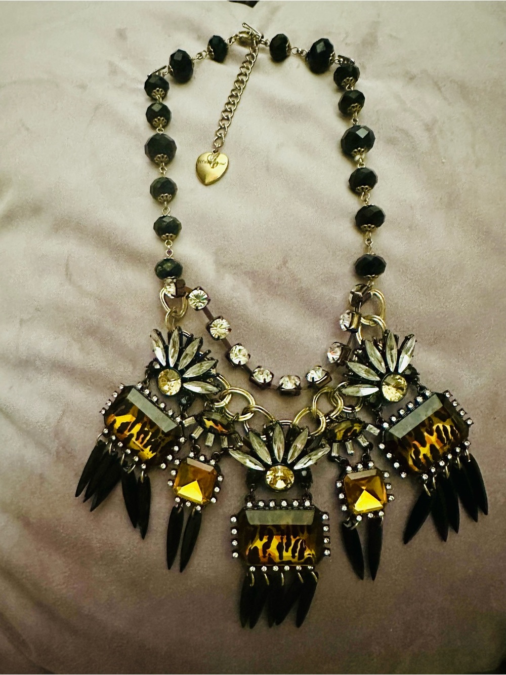 Rare Vintage Y2K Betsey Johnson Black and Gold Crystal Tiger Accent Necklace